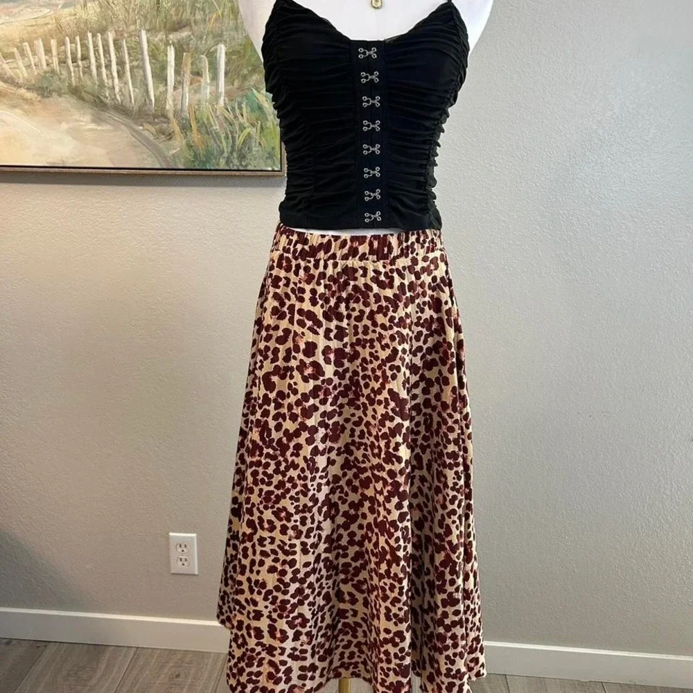 Leopard‎ Print Midi Skirt Animal Print Flowy Elastic Waist - Size 6